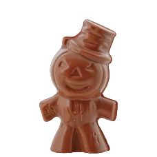 The Pumpkin Scarecrow is a milk chocolate figure shaped like a smiling jack-o-lantern pumpkin scarecrow, dressed in a suit and wearing a tilted top hat—a delightful Halloween treat.