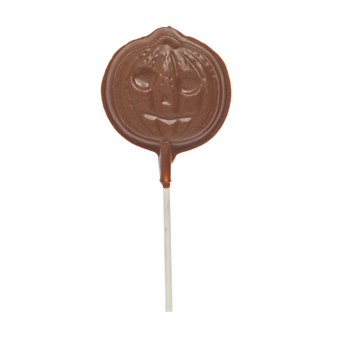 Pumpkin Pop is a jack-o-lantern lollipop with a smiling face on a white stick, perfect for fall. This chocolatey treat stands out against a plain white background.