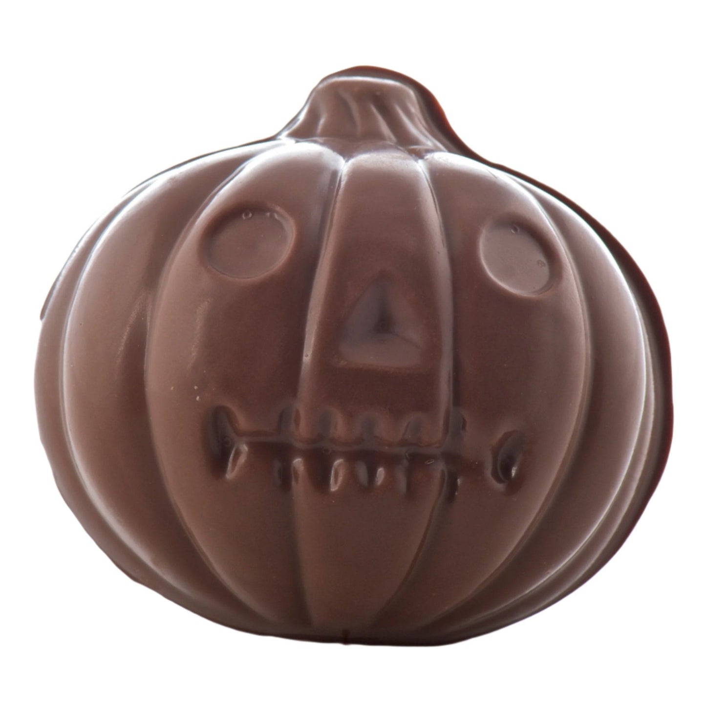 Pumpkin: A chocolate treat shaped like a jack-o-lantern with round eyes, triangle nose, and stitched mouth—perfect as a tasty Halloween decoration or festive fall favorite.