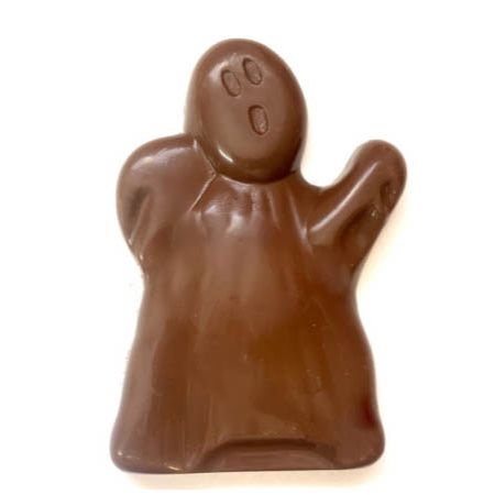 The Solid Happy Ghost is a solid chocolate confection shaped like a cartoon spirit with raised arms and an open mouth, making it the perfect Halloween treat, shown here against a white background.