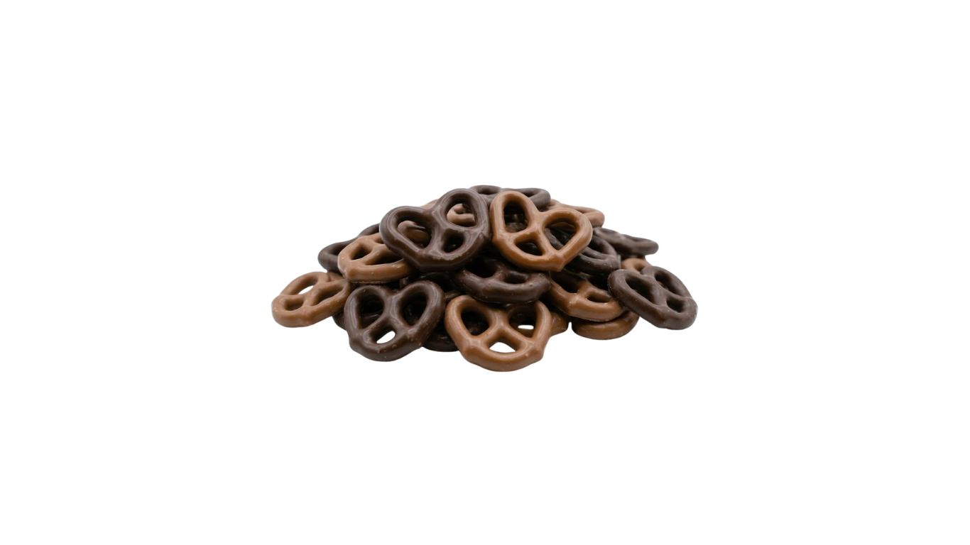 Pile of chocolate pretzels on a white background